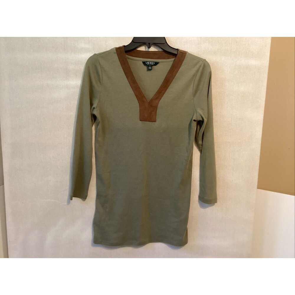 lauren ralph lauren womens top sz S green faux leather trim v neck